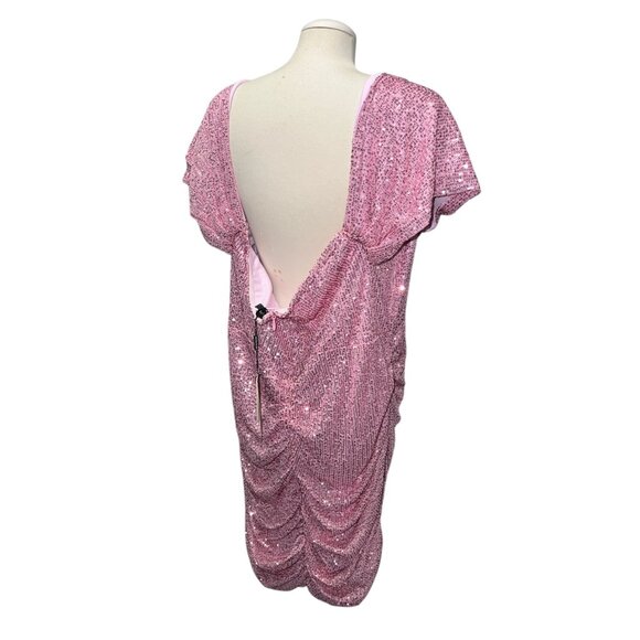 Pretty Little Thing Pink Sequin Ruched Mini Dress Open Back Sz 22 Womens - Picture 12 of 16